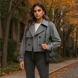 Haute Monde Cropped Herringbone Trench Jacket Gray Size L Classic Parisian Style